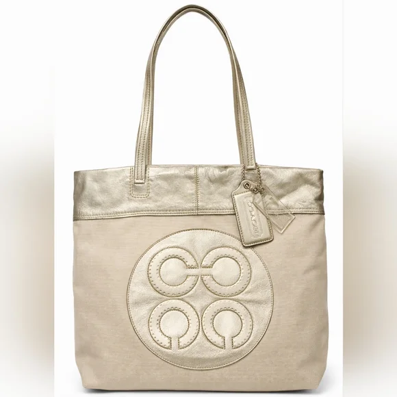Coach Julia Perry Op Art Tote Ivory Shimmer Canvas Metallic Leather Bag EUC Rare - Picture 1 of 14